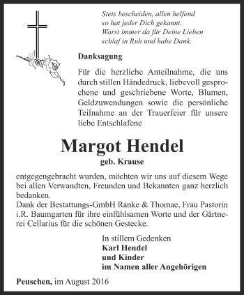Traueranzeige von Margot Hendel von Ostthüringer Zeitung