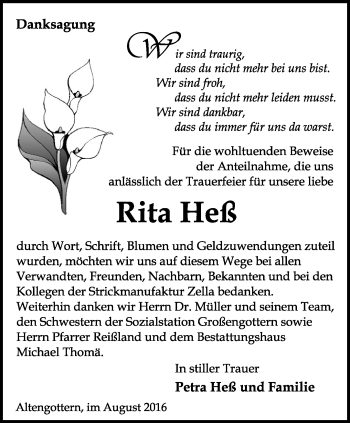 Traueranzeige von Rita Heß von Thüringer Allgemeine, Thüringische Landeszeitung