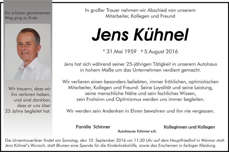  Traueranzeige für Jens Kühnel vom 20.08.2016 aus Thüringer Allgemeine, Thüringische Landeszeitung