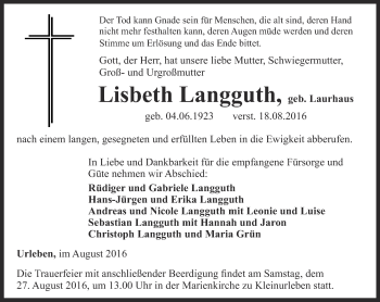 Traueranzeige von Lisbeth Langguth von Thüringer Allgemeine, Thüringische Landeszeitung