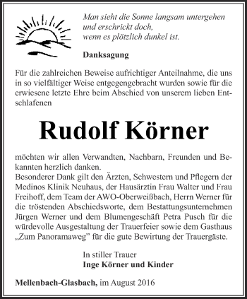 Traueranzeige von Rudolf Körner von Ostthüringer Zeitung