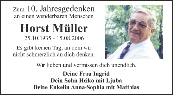 Traueranzeige von Horst Müller von Thüringer Allgemeine, Thüringische Landeszeitung