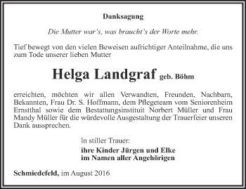 Traueranzeige von Helga Landgraf von Ostthüringer Zeitung