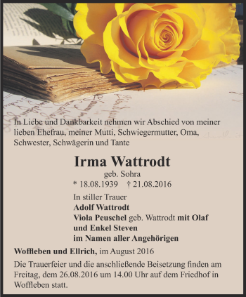 Traueranzeige von Irma Wattrodt von Thüringer Allgemeine