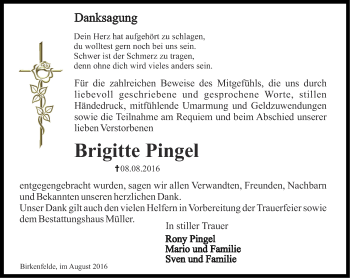 Traueranzeige von Brigitte Pingel von Thüringer Allgemeine