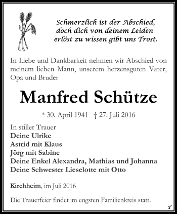 Traueranzeige von Manfred Schütze von Thüringer Allgemeine