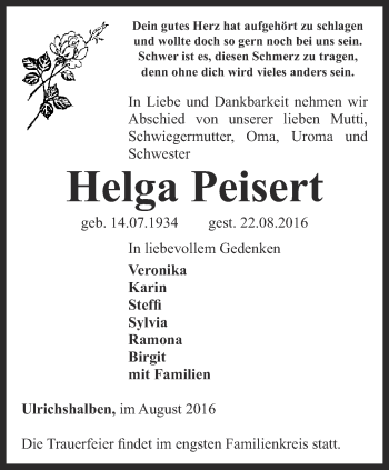 Traueranzeige von Helga Peisert von Thüringer Allgemeine, Thüringische Landeszeitung