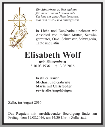 Traueranzeige von Elisabeth Wolf von Thüringer Allgemeine, Thüringische Landeszeitung