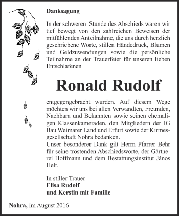 Traueranzeige von Ronald Rudolf von Thüringer Allgemeine, Thüringische Landeszeitung