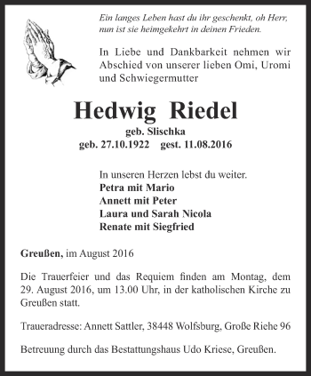 Traueranzeige von Hedwig Riedel von Thüringer Allgemeine