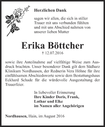 Traueranzeige von Erika Böttcher von Thüringer Allgemeine