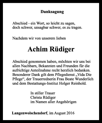 Traueranzeige von Achim Rüdiger von Ostthüringer Zeitung