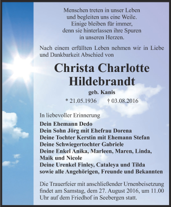 Traueranzeige von Christa Charlotte Hildebrandt von Ostthüringer Zeitung, Thüringische Landeszeitung