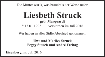 Traueranzeige von Liesbeth Struck von Ostthüringer Zeitung