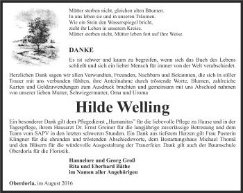 Traueranzeige von Hilde Welling von Thüringer Allgemeine, Thüringische Landeszeitung