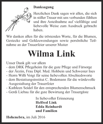 Traueranzeige von Wilma Link von Thüringer Allgemeine