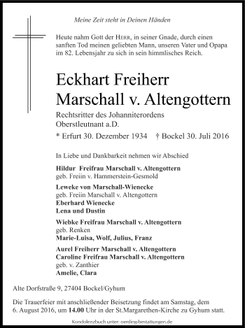 Traueranzeige von Eckhart Freiherr Marschall v. Altengottern von Thüringer Allgemeine, Thüringische Landeszeitung