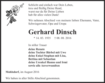 Traueranzeige von Gerhard Dintsch von Ostthüringer Zeitung