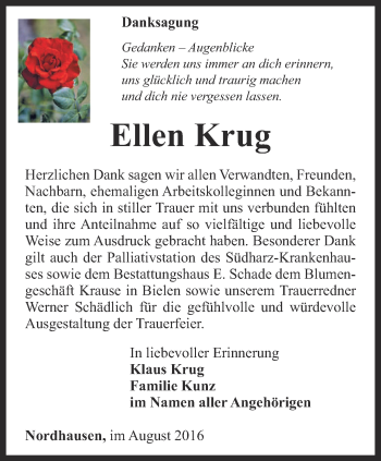 Traueranzeige von Ellen Krug von Thüringer Allgemeine