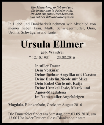 Traueranzeige von Ursula Ellmer von Thüringer Allgemeine, Thüringische Landeszeitung