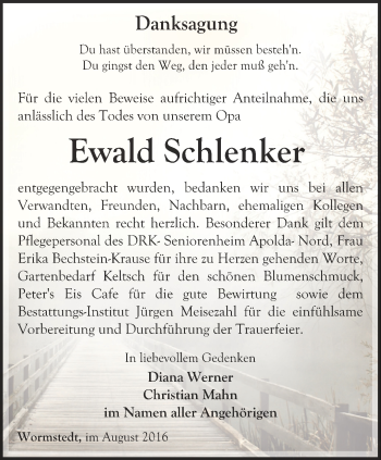 Traueranzeige von Ewald Schlenker von Thüringer Allgemeine, Thüringische Landeszeitung