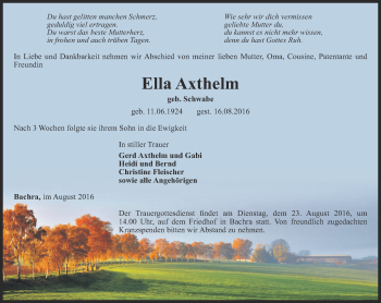 Traueranzeige von Ella Axthelm von Thüringer Allgemeine