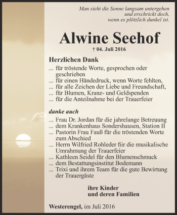 Traueranzeige von Alwine Seehof von Thüringer Allgemeine