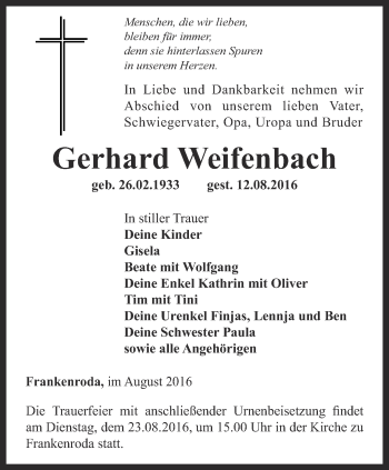 Traueranzeige von Gerhard Weifenbach von Thüringer Allgemeine, Thüringische Landeszeitung