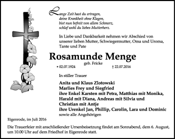 Traueranzeige von Rosamunde Menge von Thüringer Allgemeine, Thüringische Landeszeitung