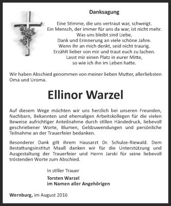 Traueranzeige von Ellinor Warzel von Ostthüringer Zeitung