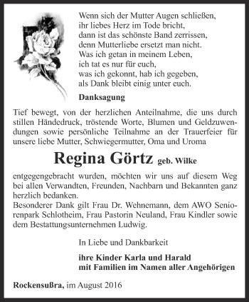 Traueranzeige von Regina Görtz von Thüringer Allgemeine