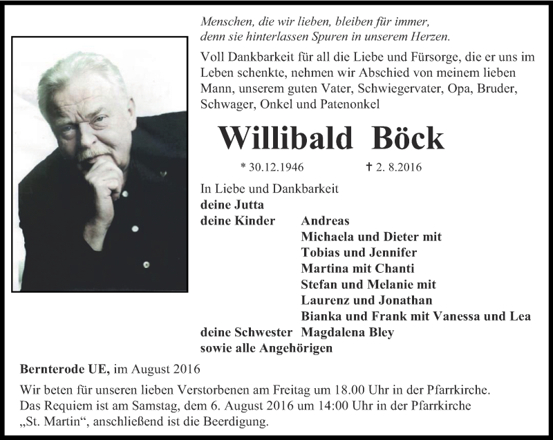  Traueranzeige für Willibald Böck vom 04.08.2016 aus Thüringer Allgemeine
