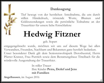 Traueranzeige von Hedwig Fitzner von Thüringer Allgemeine