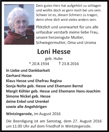 Traueranzeige von Loni Hesse von Thüringer Allgemeine