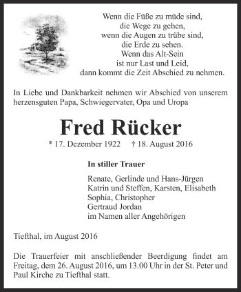 Traueranzeige von Fred Rücker von Thüringer Allgemeine, Thüringische Landeszeitung