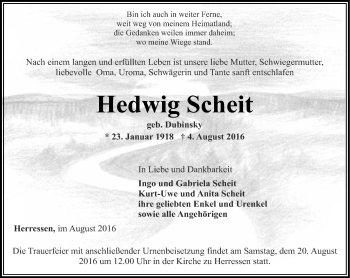 Traueranzeige von Hedwig Scheit von Thüringer Allgemeine, Thüringische Landeszeitung