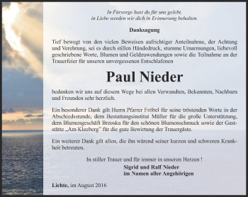 Traueranzeige von Paul Nieder von Ostthüringer Zeitung