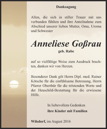 Traueranzeige von Anneliese Goßrau von Ostthüringer Zeitung, Thüringische Landeszeitung