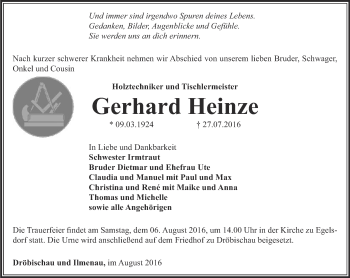 Traueranzeige von Gerhard Heinze von Ostthüringer Zeitung