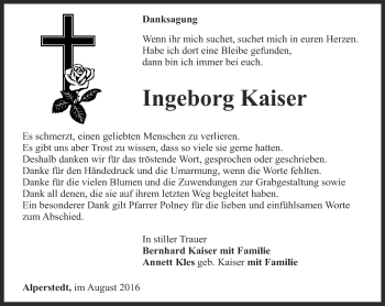 Traueranzeige von Ingeborg Kaiser von Thüringer Allgemeine, Thüringische Landeszeitung