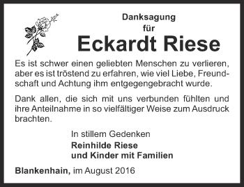 Traueranzeige von Eckhardt Riese von Thüringer Allgemeine, Thüringische Landeszeitung