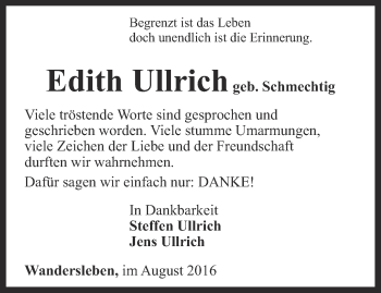Traueranzeige von Edith Ullrich von Ostthüringer Zeitung, Thüringische Landeszeitung