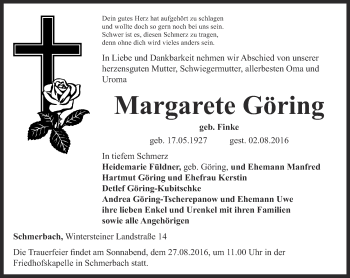 Traueranzeige von Margarete Göring von Ostthüringer Zeitung, Thüringische Landeszeitung