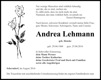 Traueranzeige von Andrea Lehmann von Thüringer Allgemeine