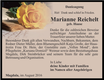 Traueranzeige von Marianne Reichelt von Thüringer Allgemeine, Thüringische Landeszeitung