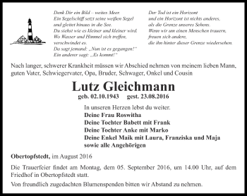 Traueranzeige von Lutz Gleichmann von Thüringer Allgemeine