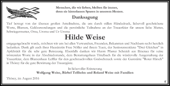 Traueranzeige von Hilde Weise von Thüringer Allgemeine