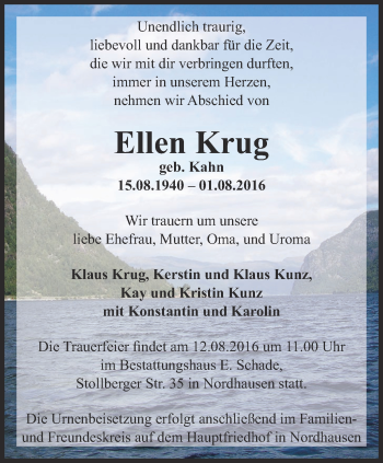 Traueranzeige von Ellen Krug von Thüringer Allgemeine