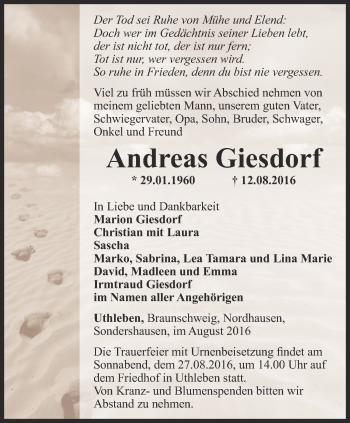 Traueranzeige von Andreas Giesdorf von Thüringer Allgemeine