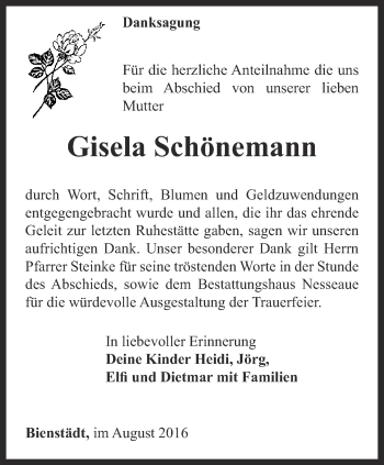 Traueranzeige von Gisela Schönemann von Thüringer Allgemeine, Thüringische Landeszeitung